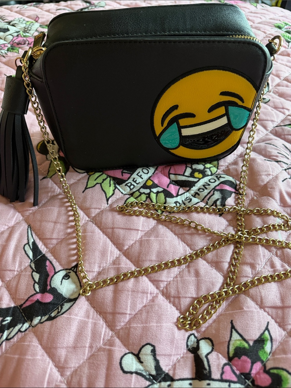 Olivia Miller Black Crossbody with Yellow Laughing Emoji Patch and Gold Chain